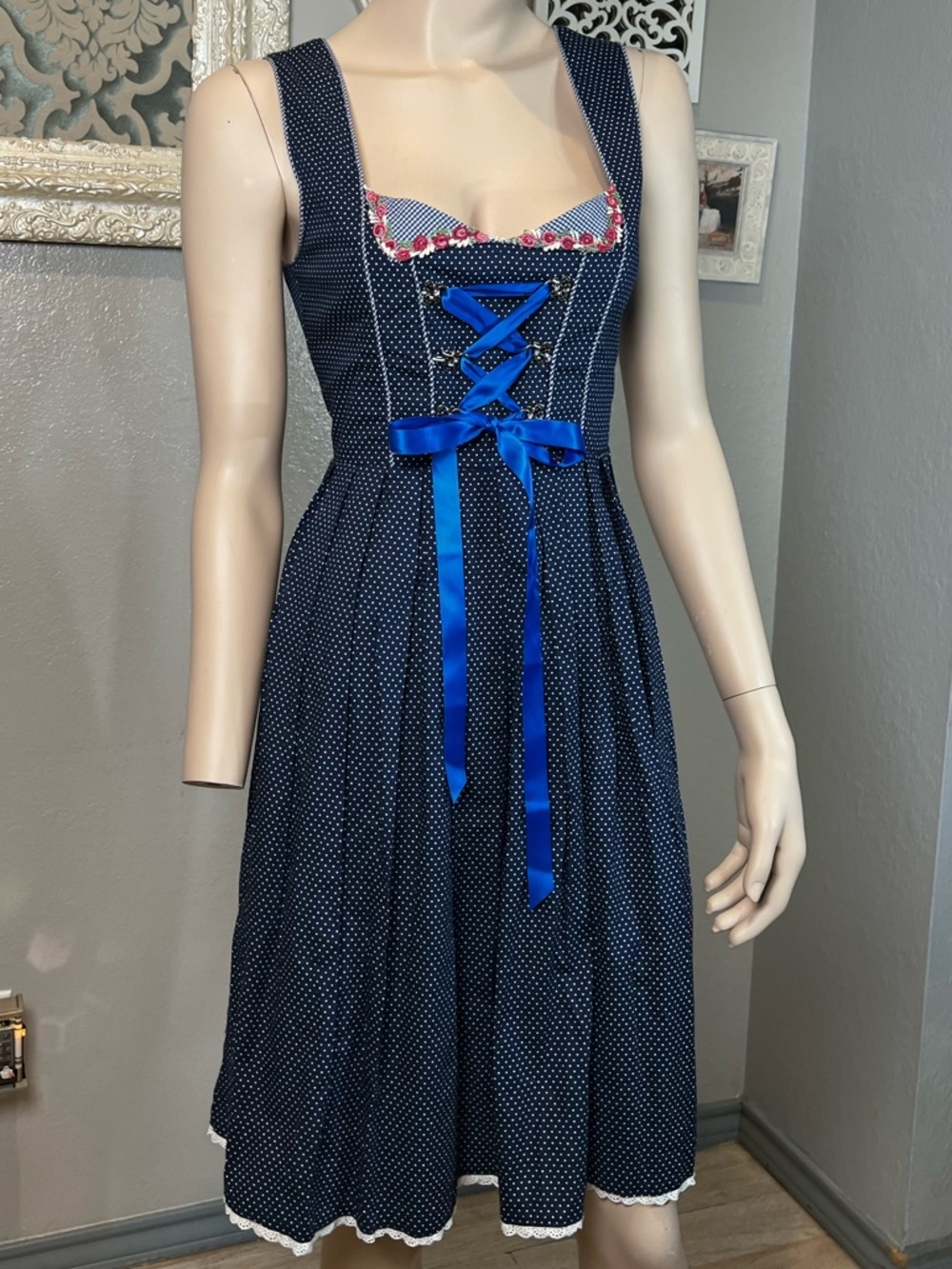 Navy Polka Dot Bavarian-Style Dress with Blue Ribbon - Picture 2 of 10